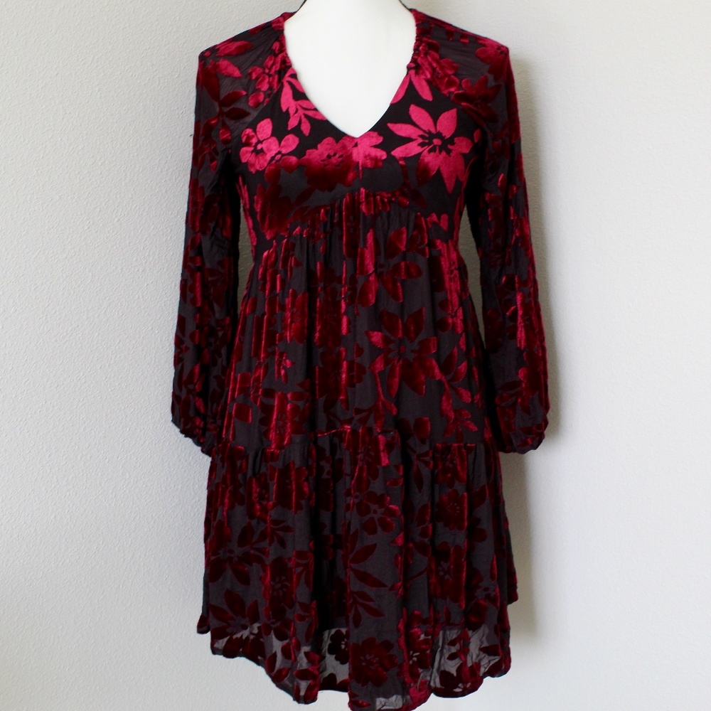 Sheer Black & Burgundy Velvet Floral Tiered Babydoll Dress
